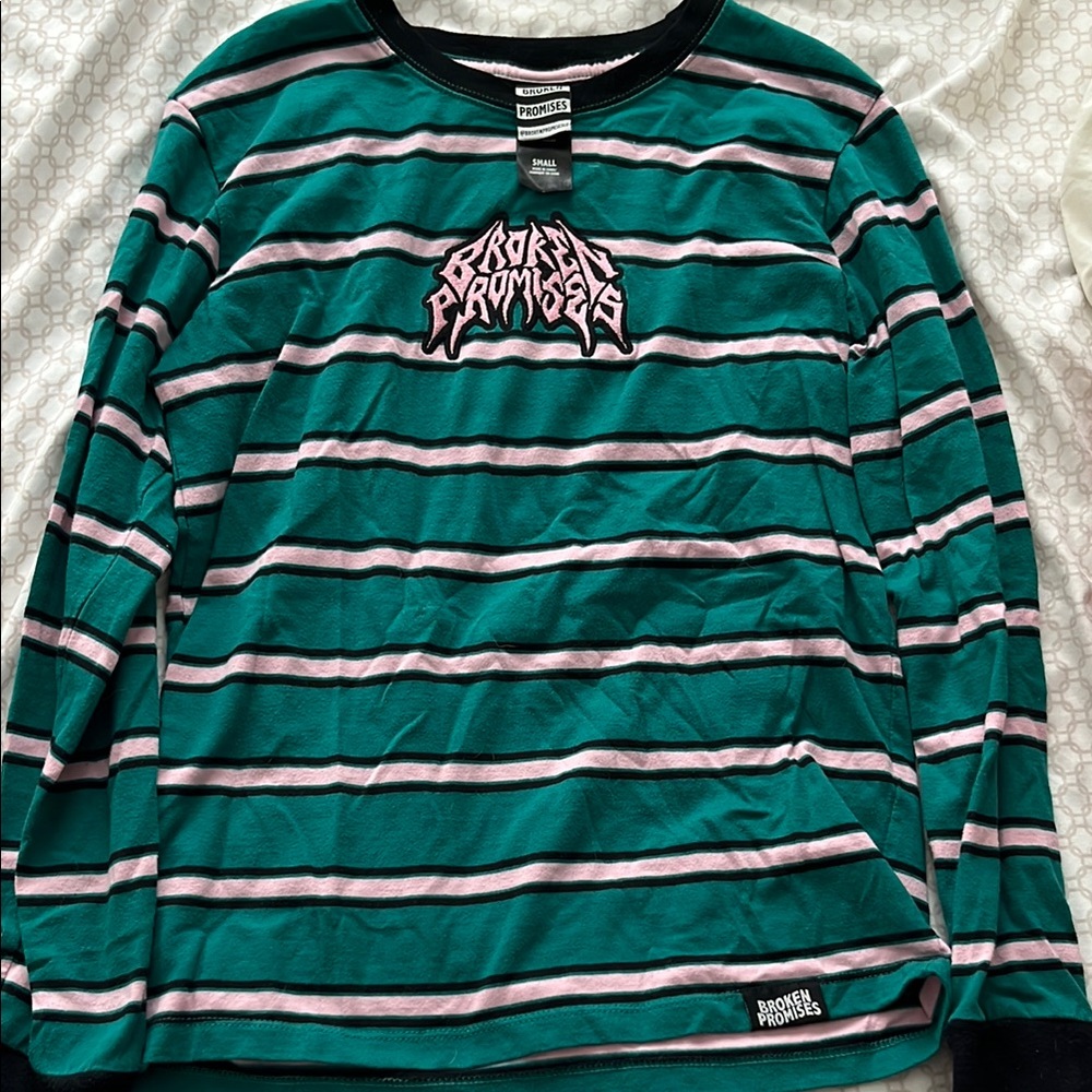 Broken Promises Striped Long Sleeve Shirt - Green, Pink and Black.